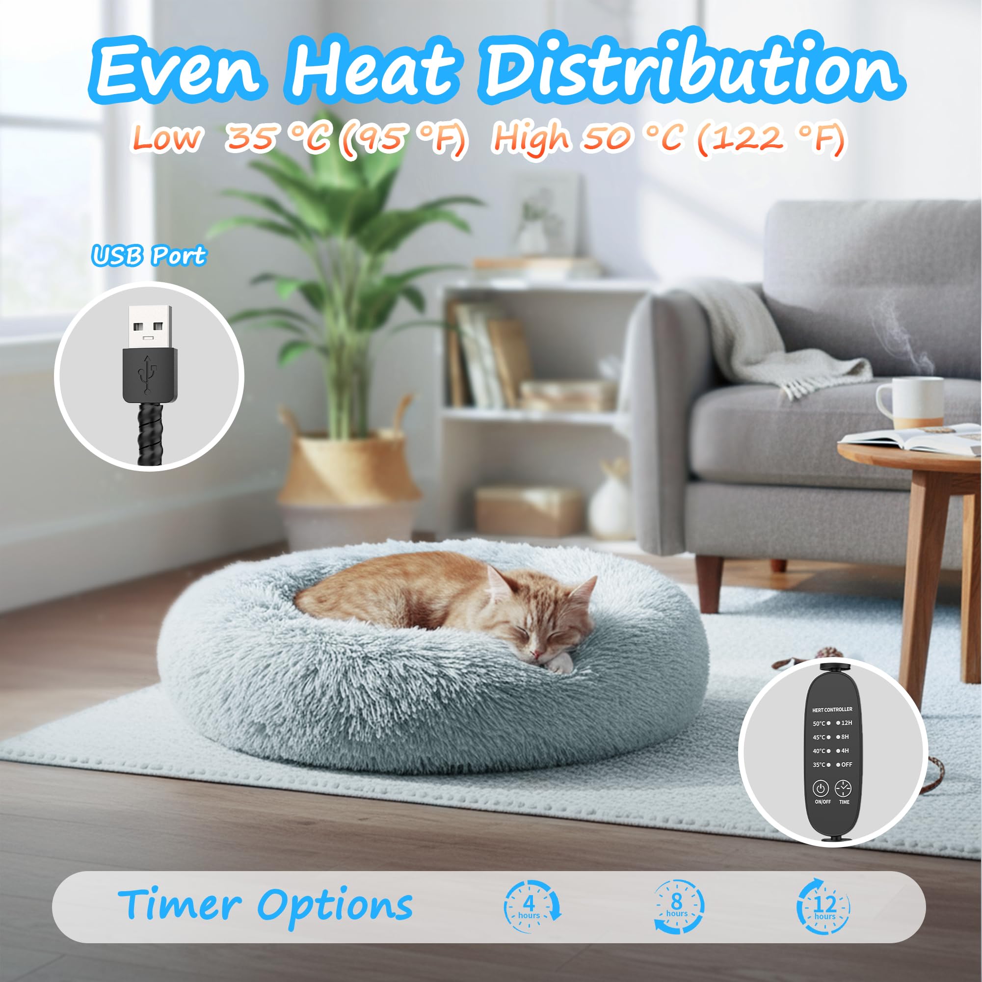 Heated Cat Bed timer settings enable energy-saving auto-off and safe use.