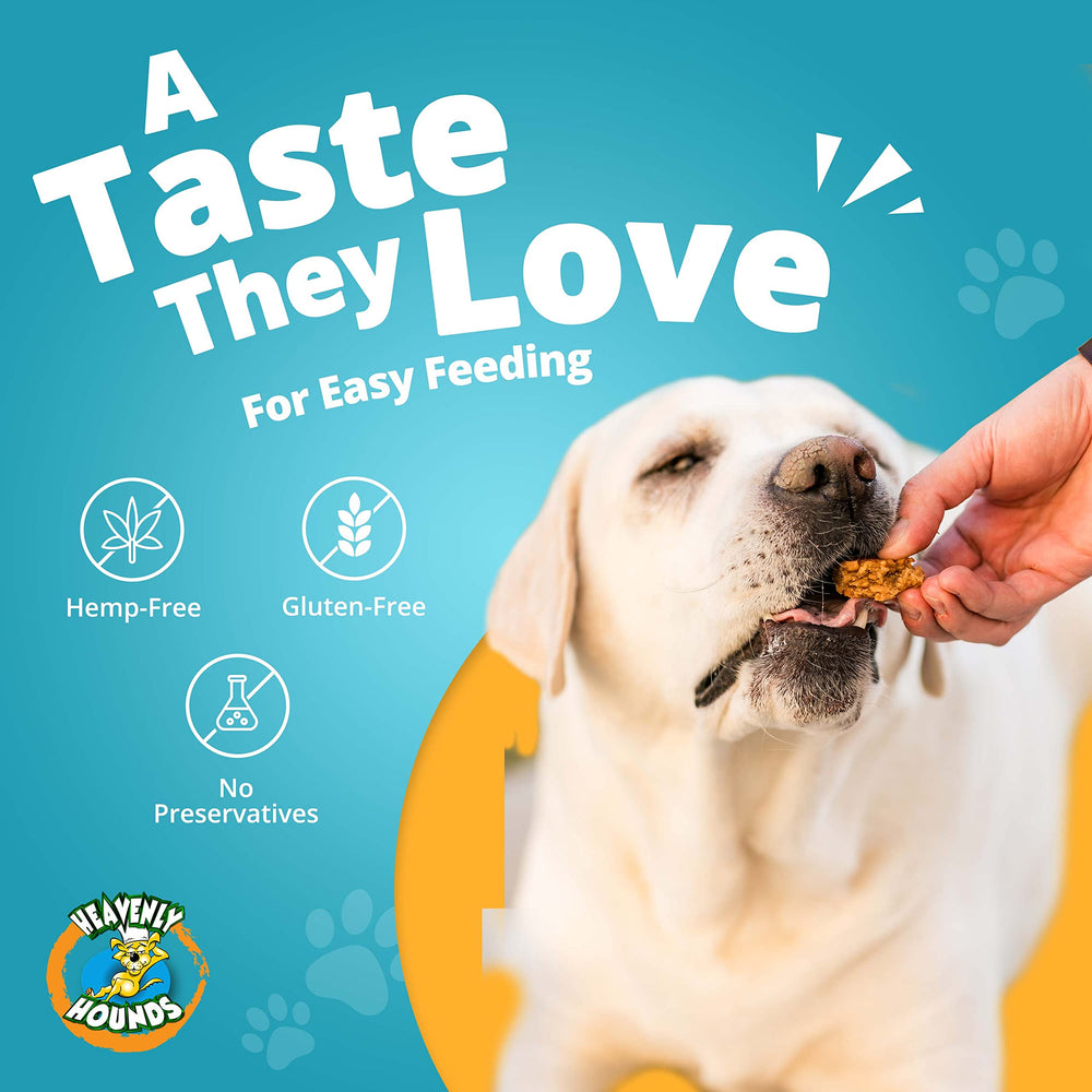 A dog holds Heavenly Hounds chew, emphasizing portable anxiety-relief treat on the go.
