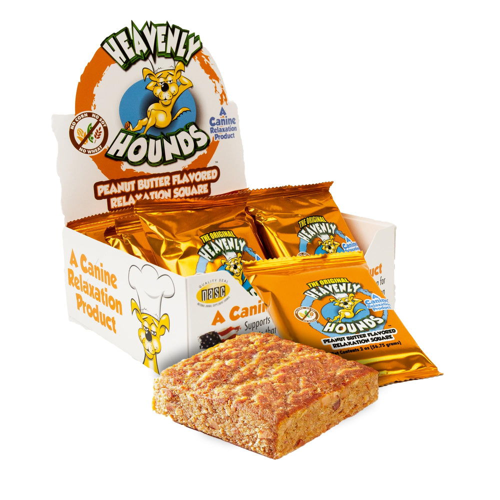 Heavenly Hounds Peanut Butter Chews packaging front highlights natural ingredients and calm appeal.