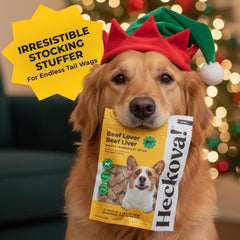 Heckova beef liver dog treats bag close-up shows high-protein, real meat bites.