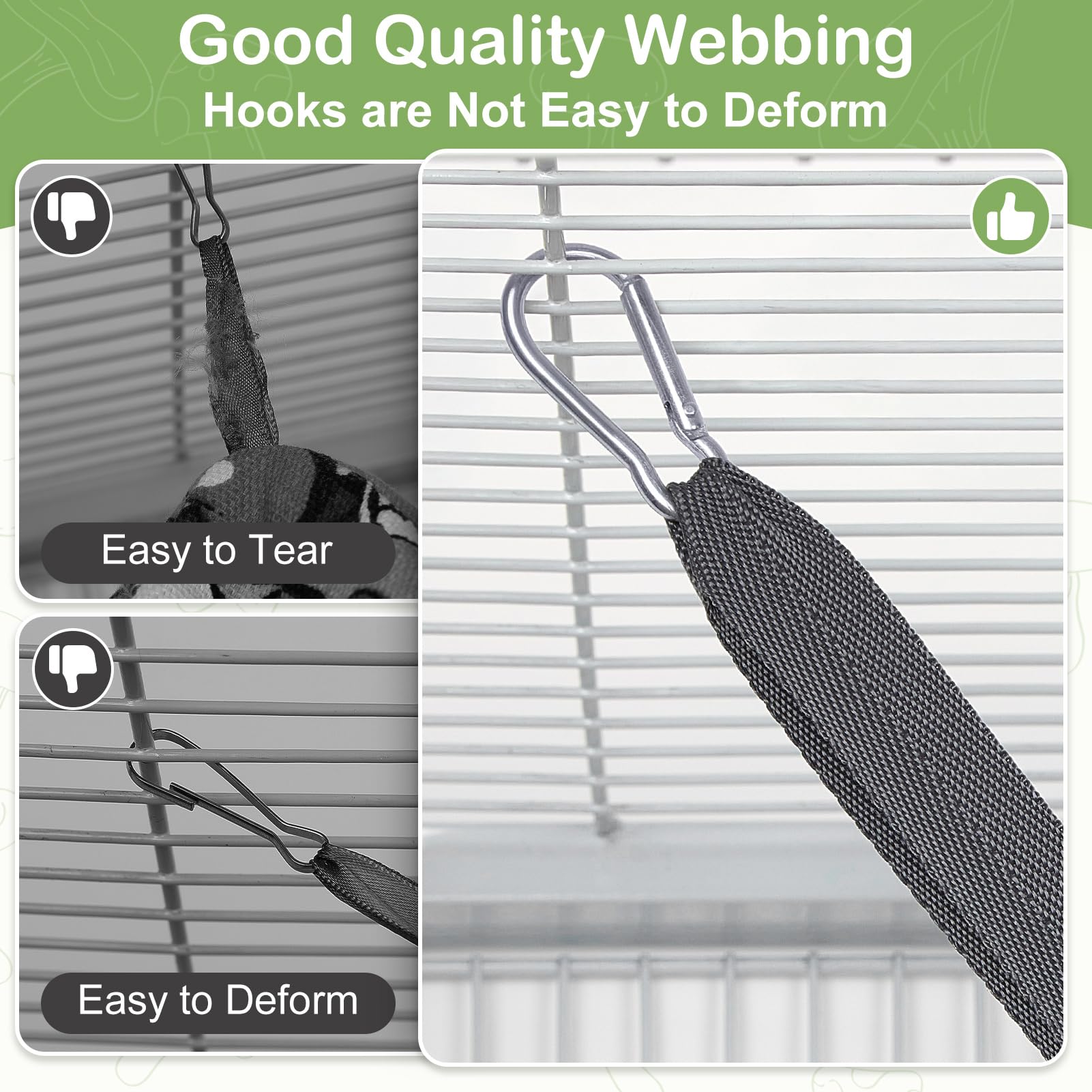 Hedgeink hammock with metal hooks enables quick, secure cage installation.