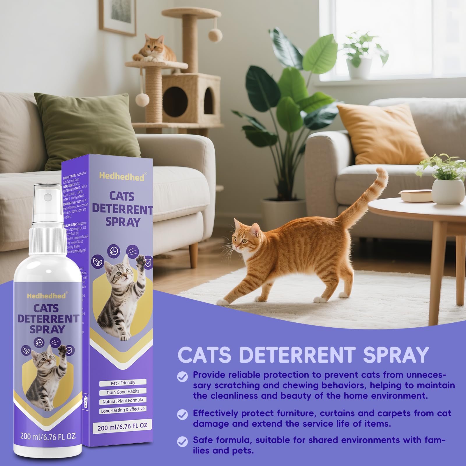 Hedhedhed cat deterrent spray bottle shows neutral scent for training and protection