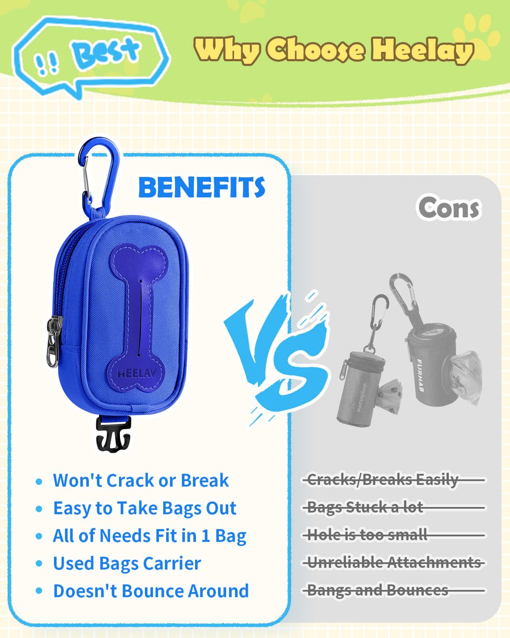 Heelay dog poop bag holder blue carabiner clip demonstrates sturdy leash attachment.