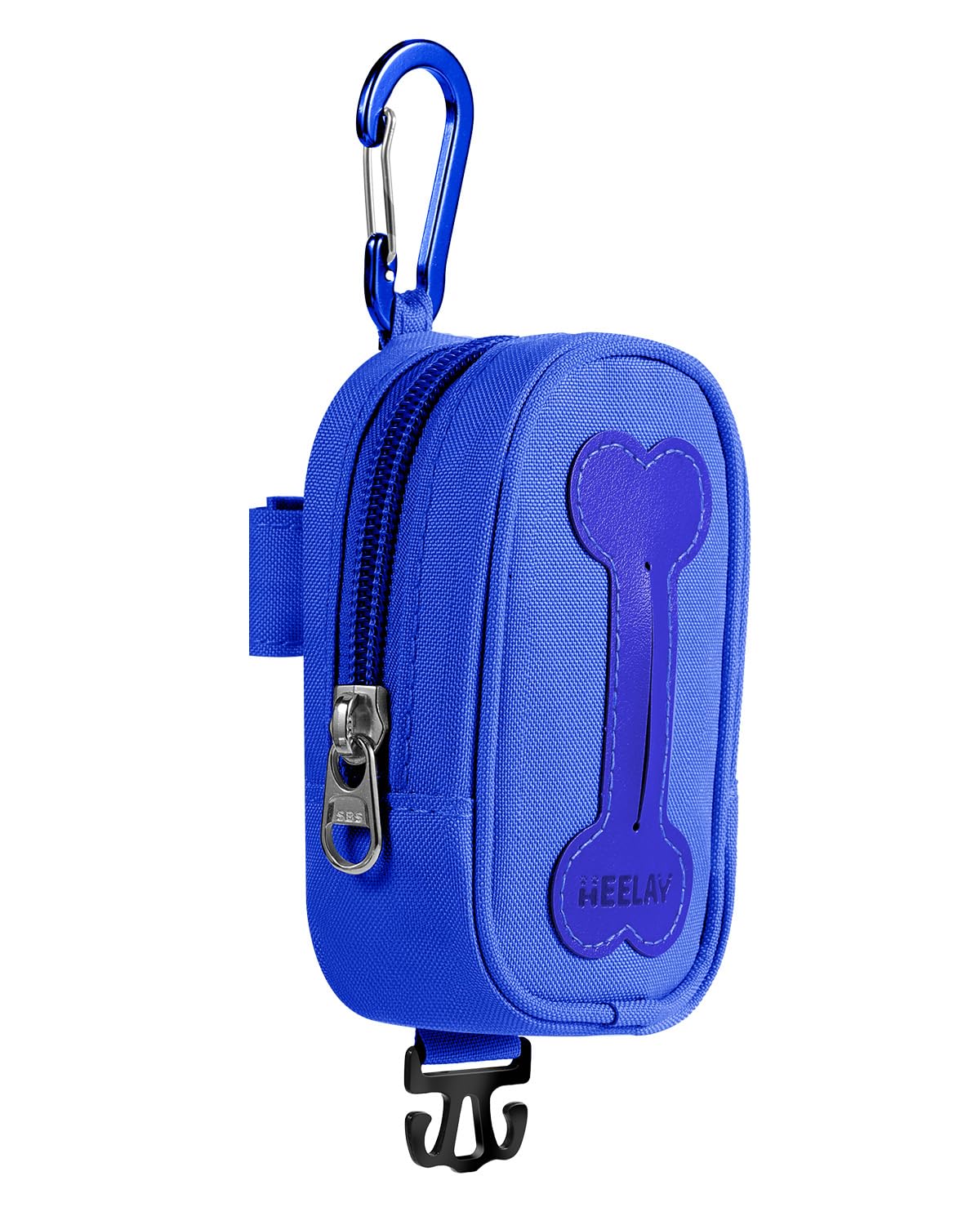 Heelay dog poop bag holder blue dimensions image showcases its large capacity for long walks.