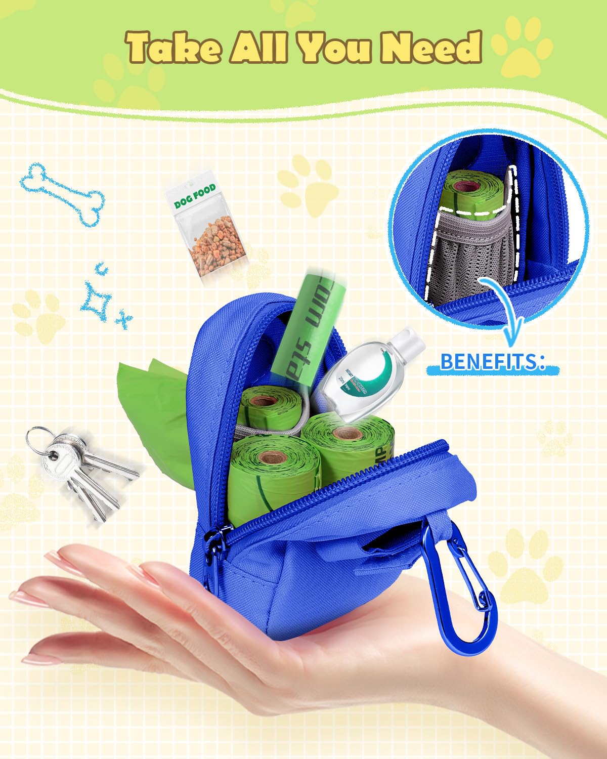 Heelay dog poop bag holder blue hook loop strap emphasizes secure attachment during walks.