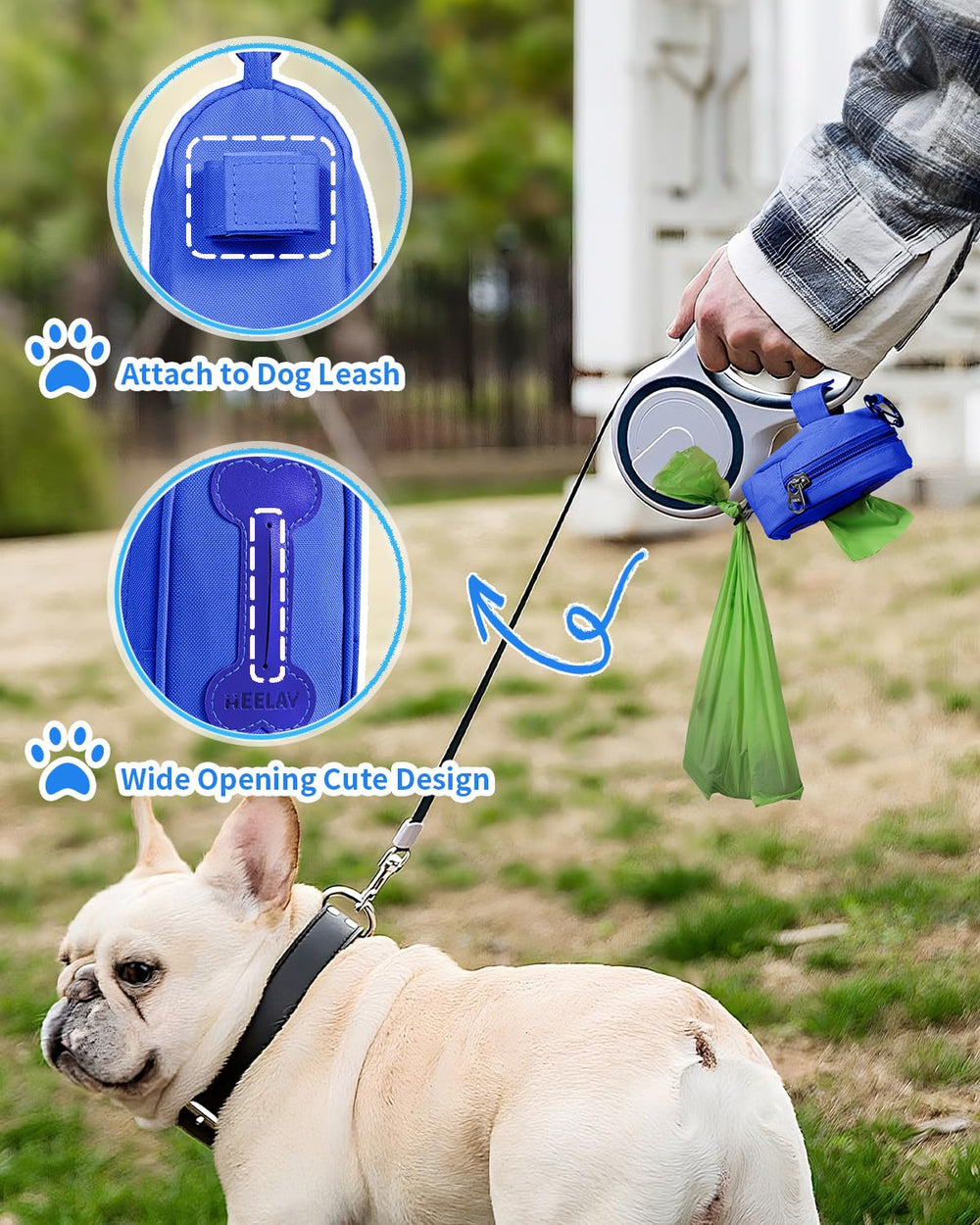 Heelay dog poop bag holder blue inside pocket shows space for loose bags and small essentials.