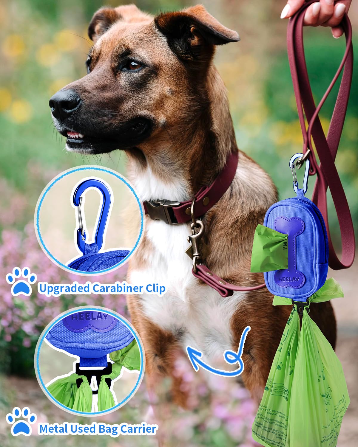 Heelay dog poop bag holder blue side view highlights compact lightweight design for leash use.
