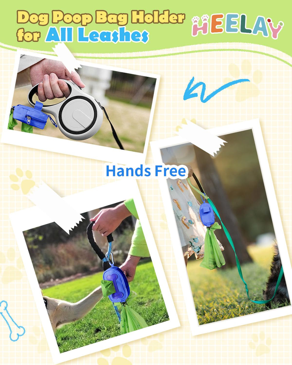 Heelay dog poop bag holder blue zipper extension demonstrates easy bag access without tearing bags.