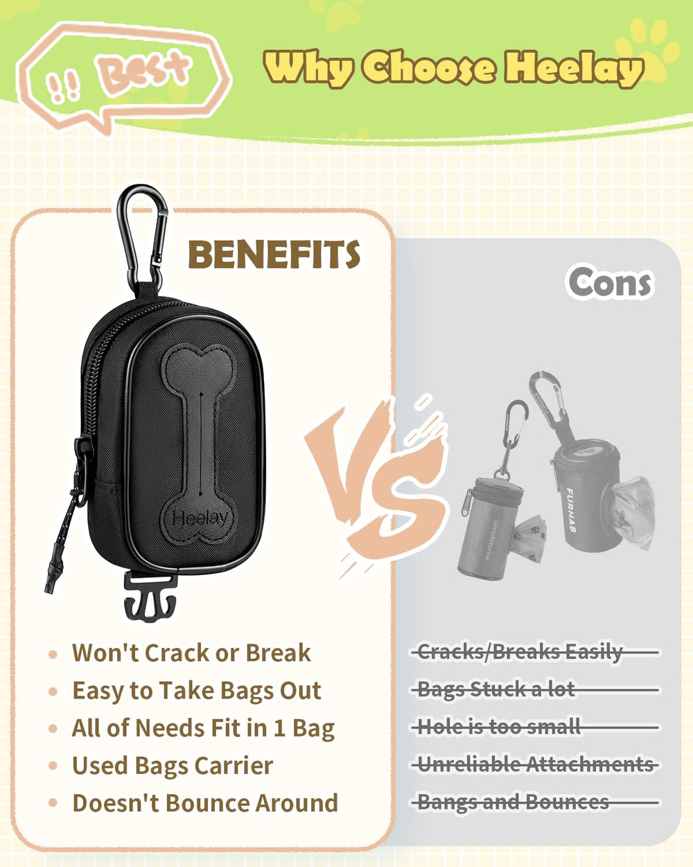 Heelay dog poop bag holder carabiner hook secures to any leash.