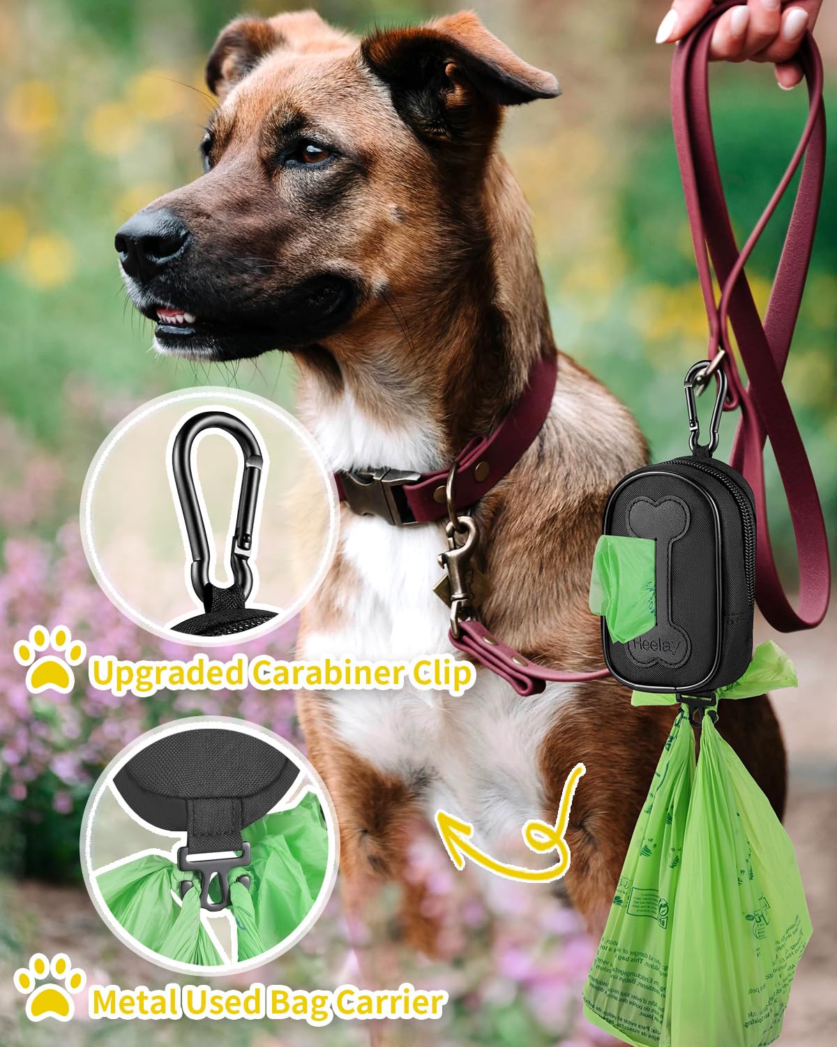 Heelay dog poop bag holder inside pocket stores extra bags and keys.