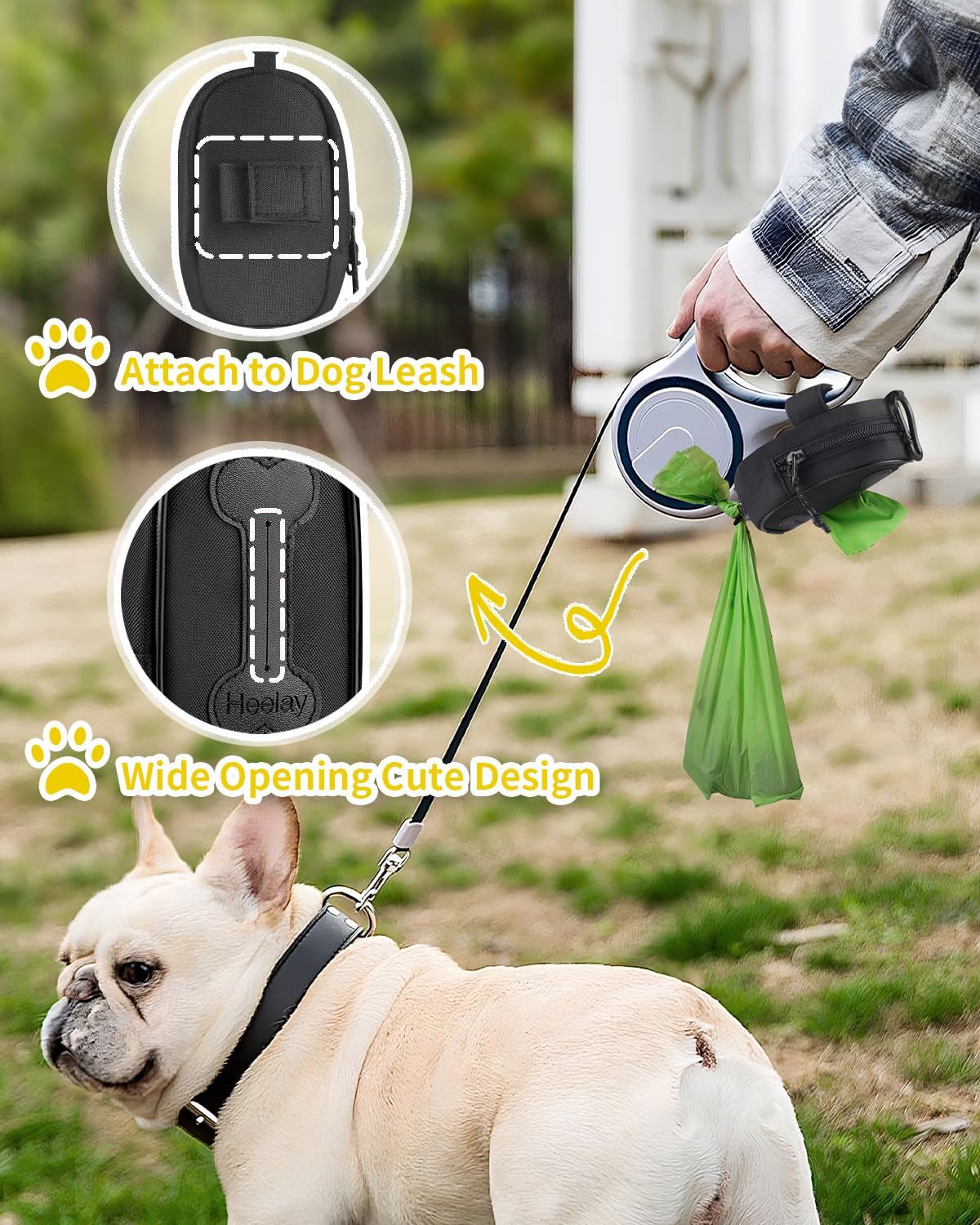 Heelay dog poop bag holder large opening enables gentle bag dispensing.