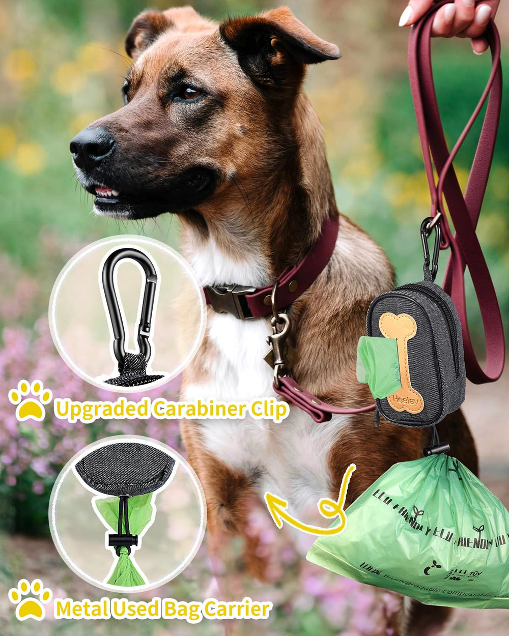Heelay hook-and-loop carabiner attachment secures to any leash.