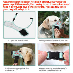 HEELE Dog Muzzle shows adjustable snout and neck straps for a secure, anti-slip fit.