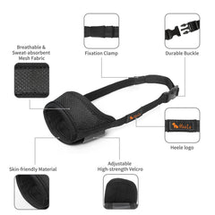 HEELE dog muzzle features adjustable snout and neck straps for secure fit.