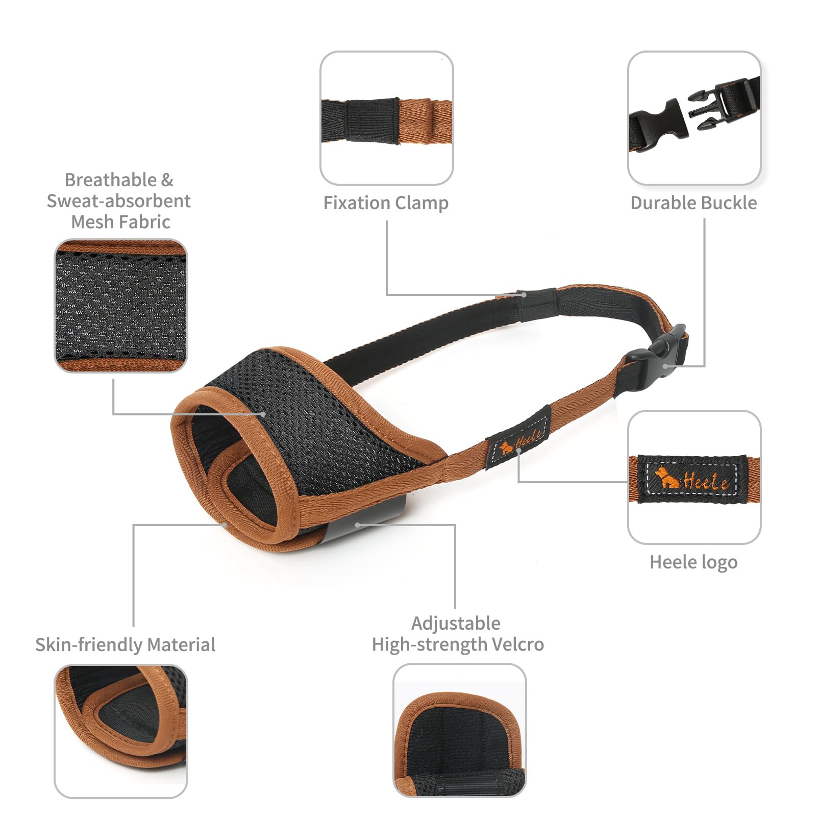 HEELE dog muzzle adjustable snout strap provides a secure, customizable fit.