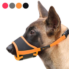 HEELE dog muzzle orange L side view shows secure fit for training.