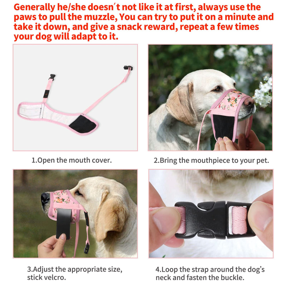 HEELE Dog Muzzle pink flower adjustable strap side view for secure fit during training.