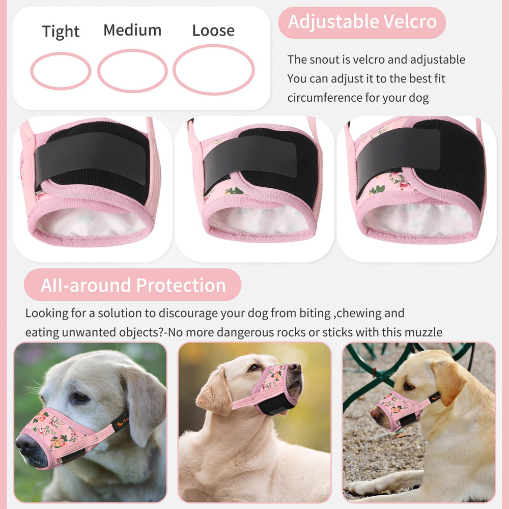 HEELE Dog Muzzle pink flower inner padding provides gentle snout comfort.