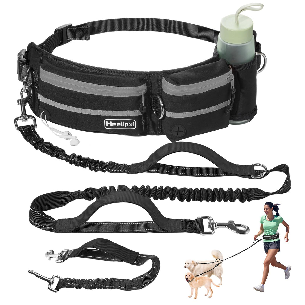 Heellpxi hands-free waist leash grey front view for convenient daily walks.