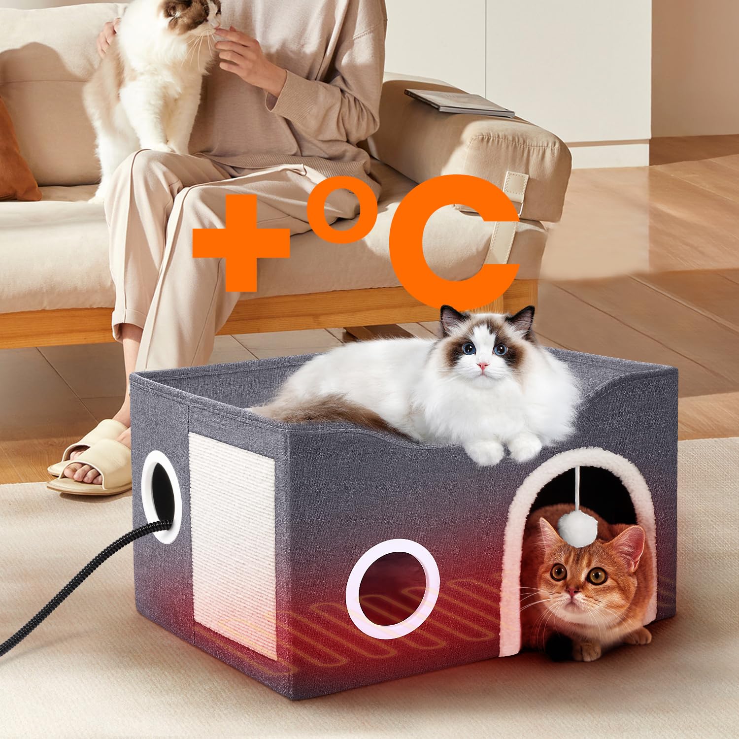 Heeyoo cozy cat house plush hanging ball enhances enrichment.