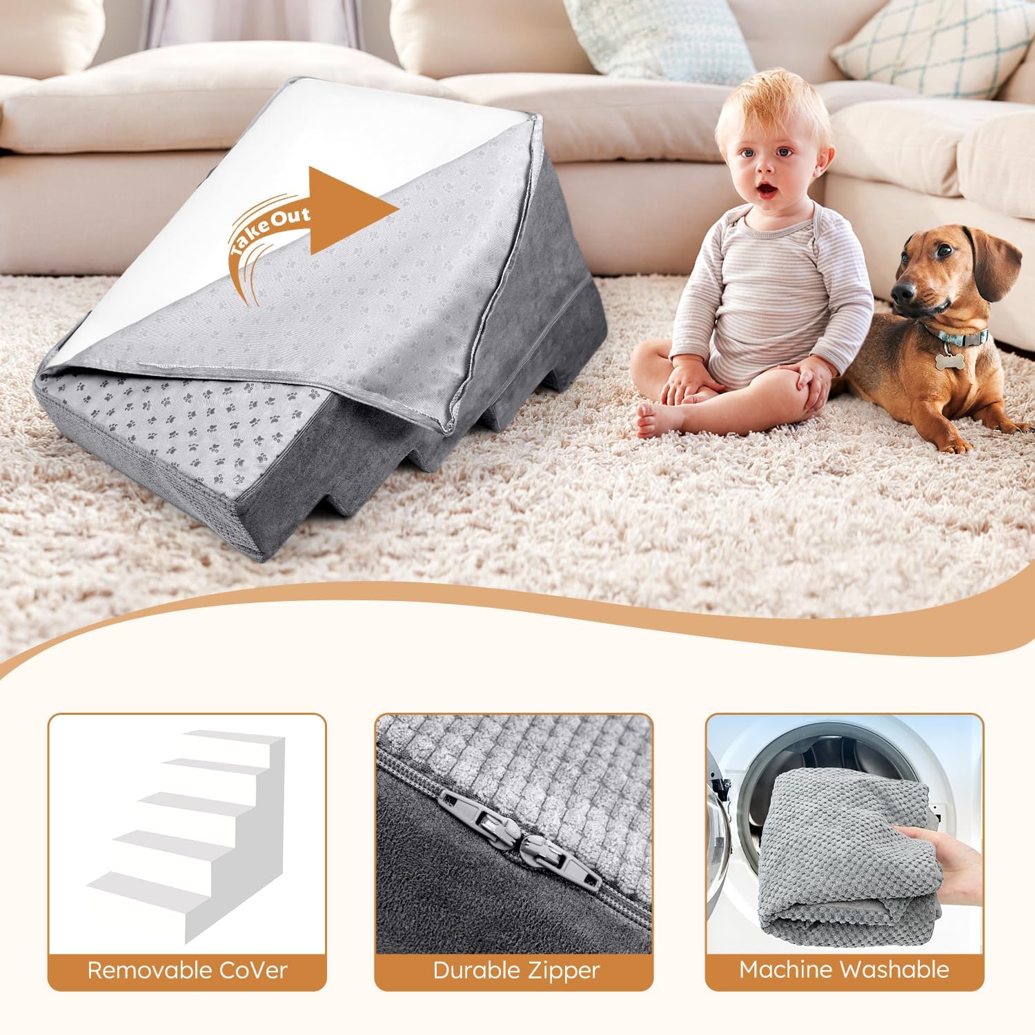 Heeyoo Dog Stairs washable cover demonstrates easy cleaning and maintenance.