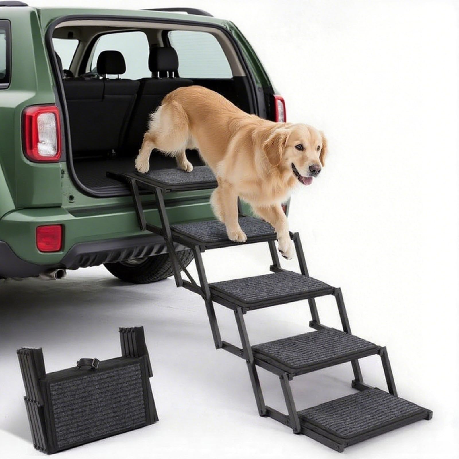 Heeyoo dog steps folded beside car trunk for easy storage and travel.