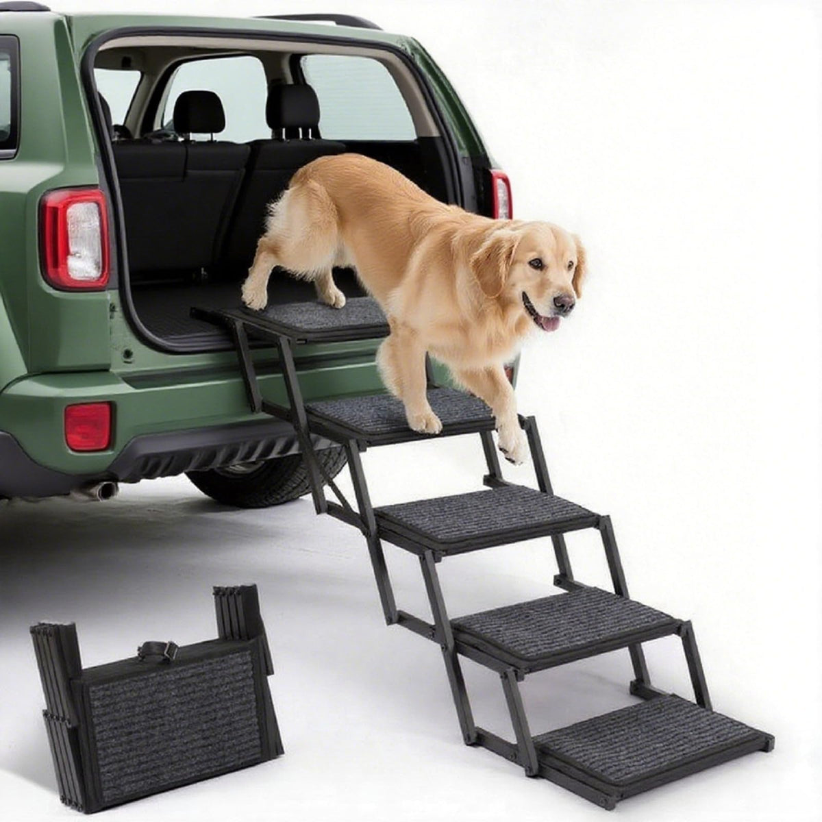 Heeyoo dog steps folded beside car trunk for easy storage and travel.