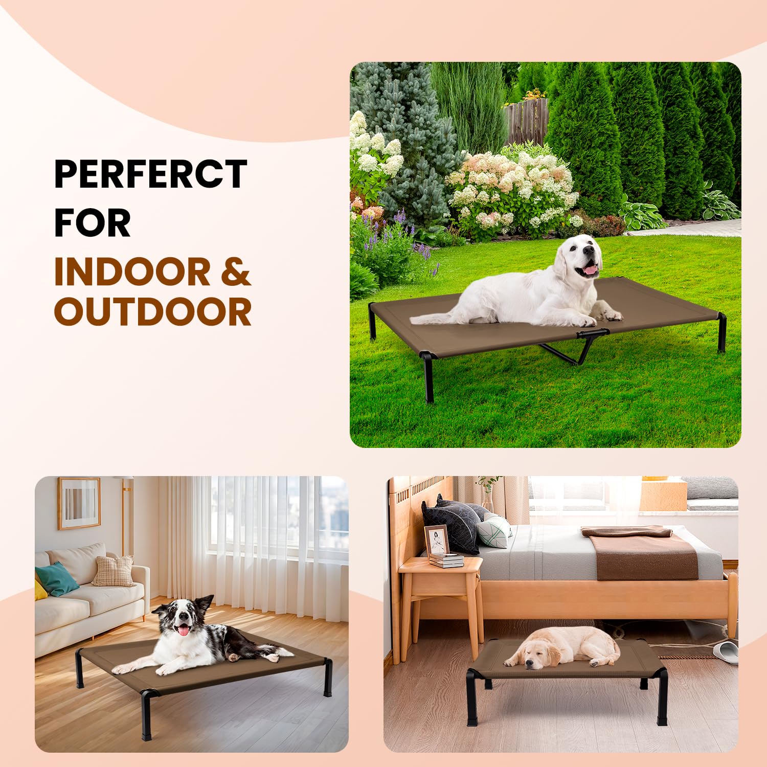 Heeyoo Elevated Dog Bed indoor-outdoor use on varied surfaces.