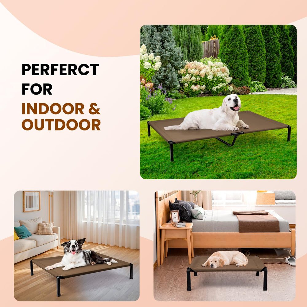 Heeyoo Elevated Dog Bed indoor-outdoor use on varied surfaces.