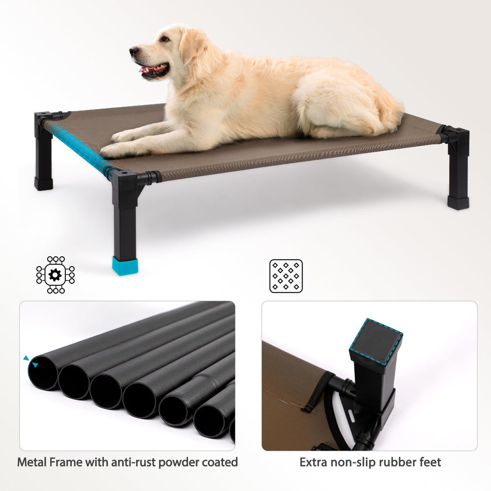Heeyoo elevated dog bed steel frame highlights rust-resistant support for long outdoor use.