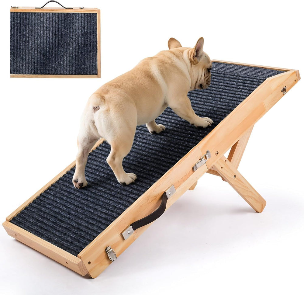 Heeyoo wood dog ramp on bed shows sturdy design for safe climbs