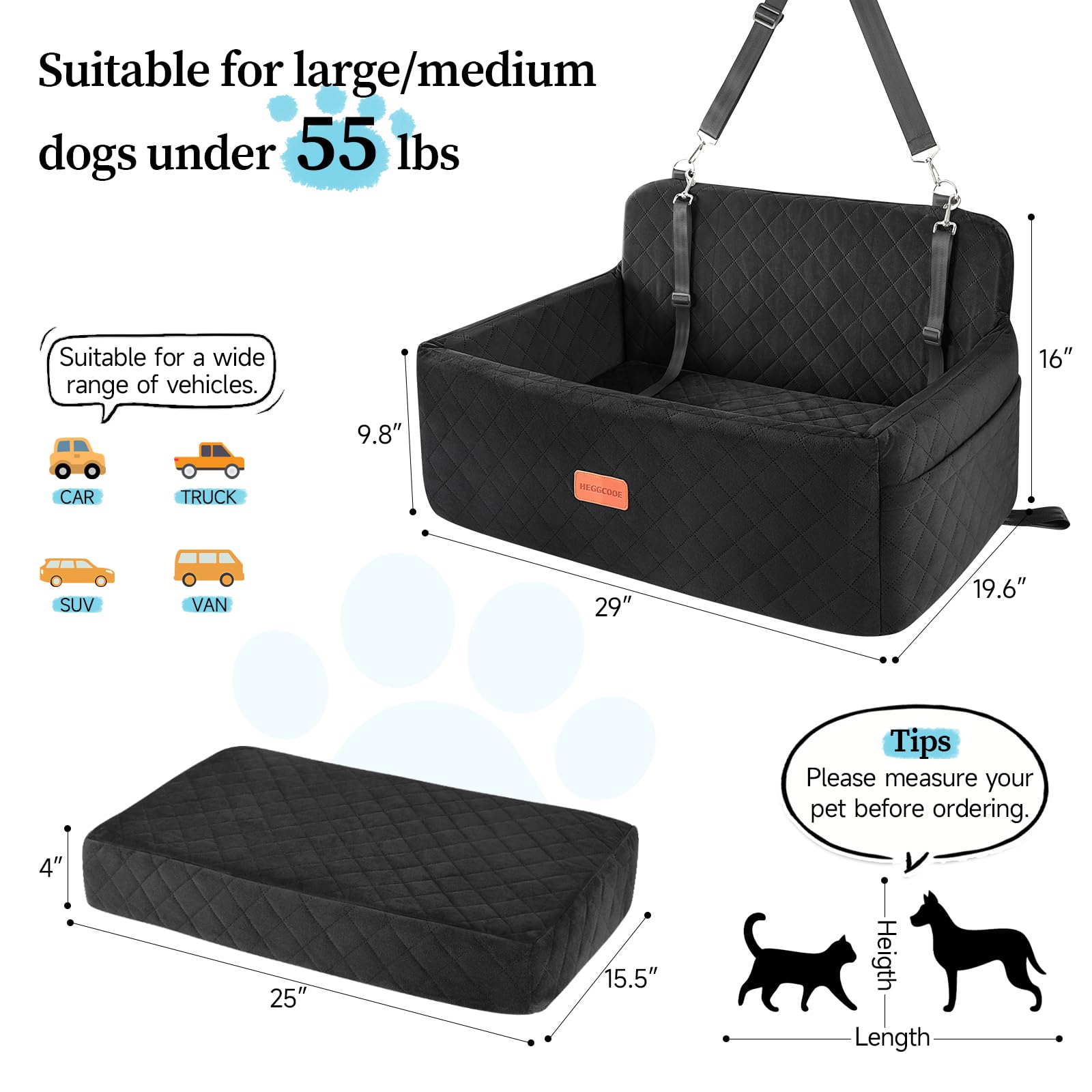 HEGGCOOE booster seat includes dual safety leashes for secure harness attachment during trips