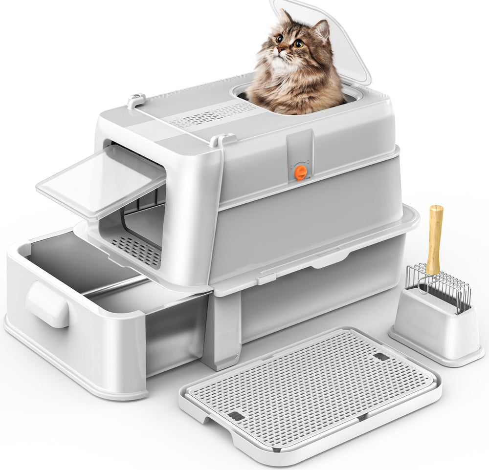 HEGGCOOE enclosed litter box front view shows durable steel for easy cleaning and long-term use