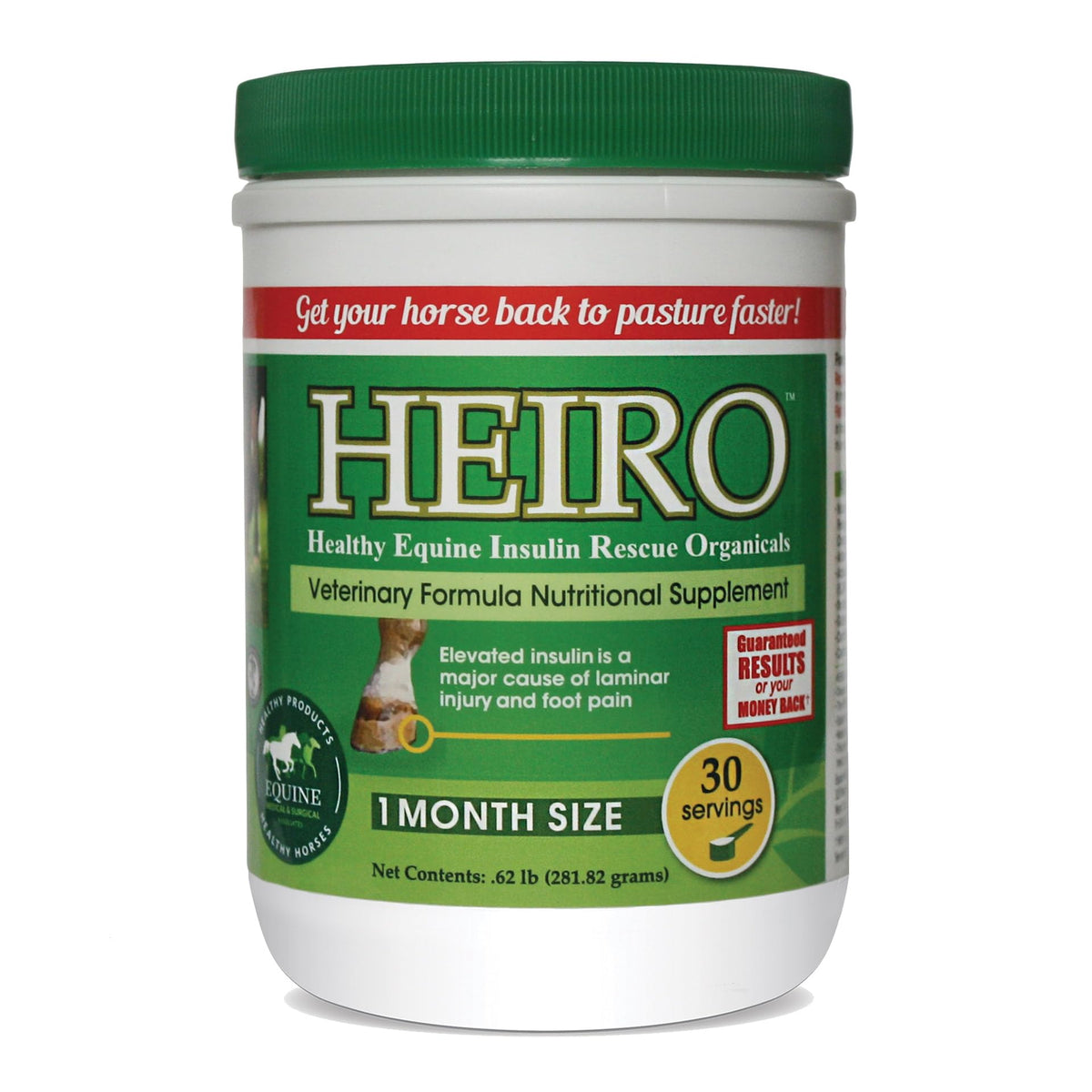 Heiro 30 Servings bottle closeup highlighting organic herbs for horse foot comfort