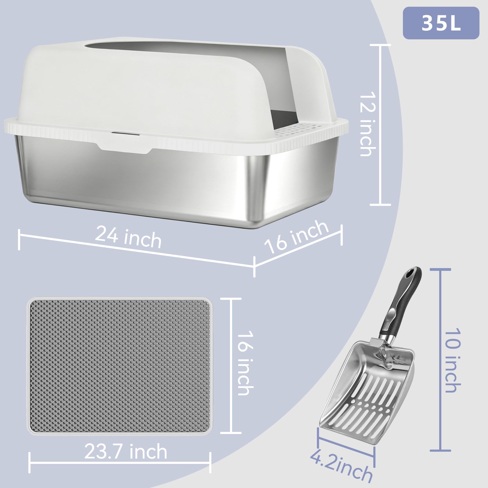 Helntova 6-inch high sides minimize litter overflow during jumps.