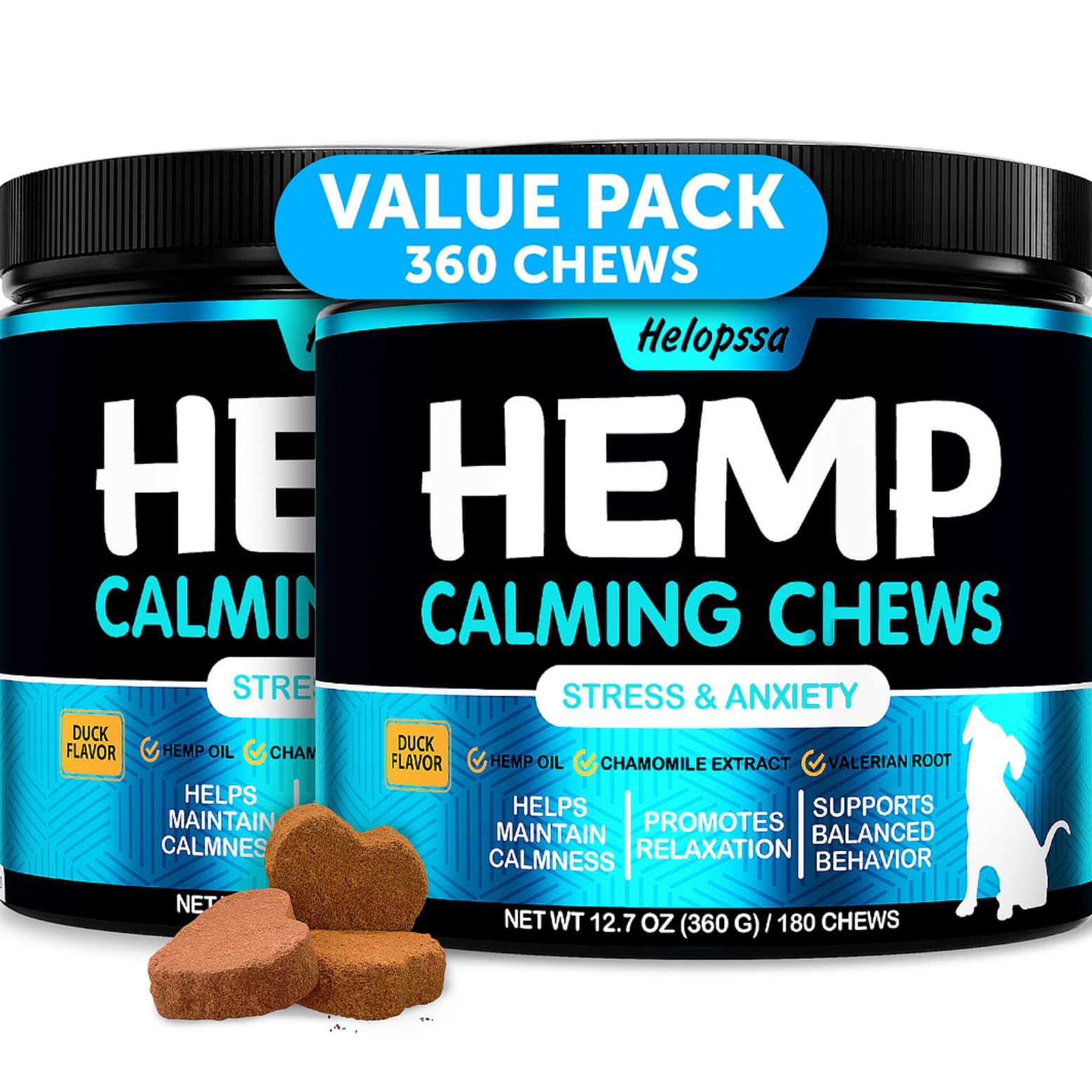 Helopssa hemp calming chews bottle on counter offering easy anxiety relief for dogs.