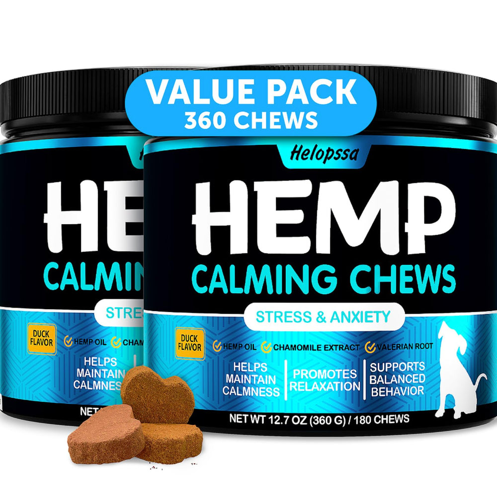 Helopssa hemp calming chews bottle on counter offering easy anxiety relief for dogs.