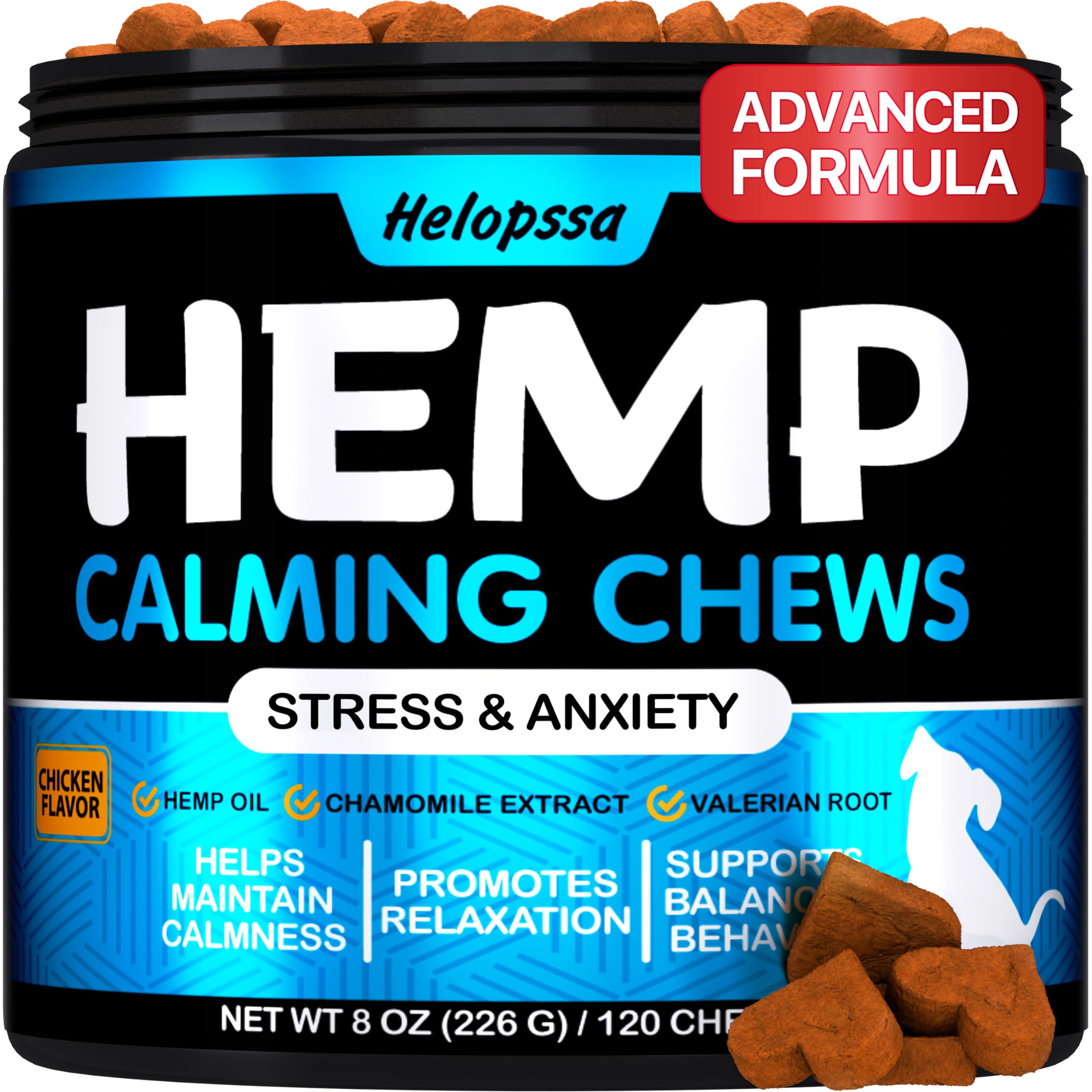 Helopssa Hemp Calming Chews bottle shows calming support during storms and vet visits.