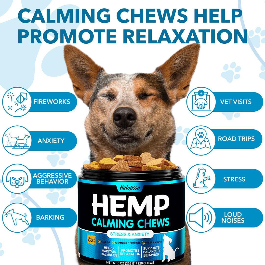 Helopssa Hemp Calming Chews packaged label with natural ingredients and gentle support.