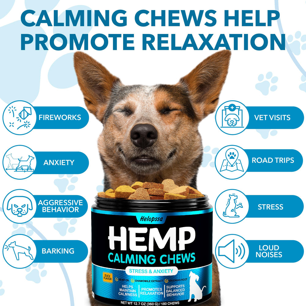 Helopssa Hemp Calming Chews duck-flavor closeup highlights tasty incentive for dogs.