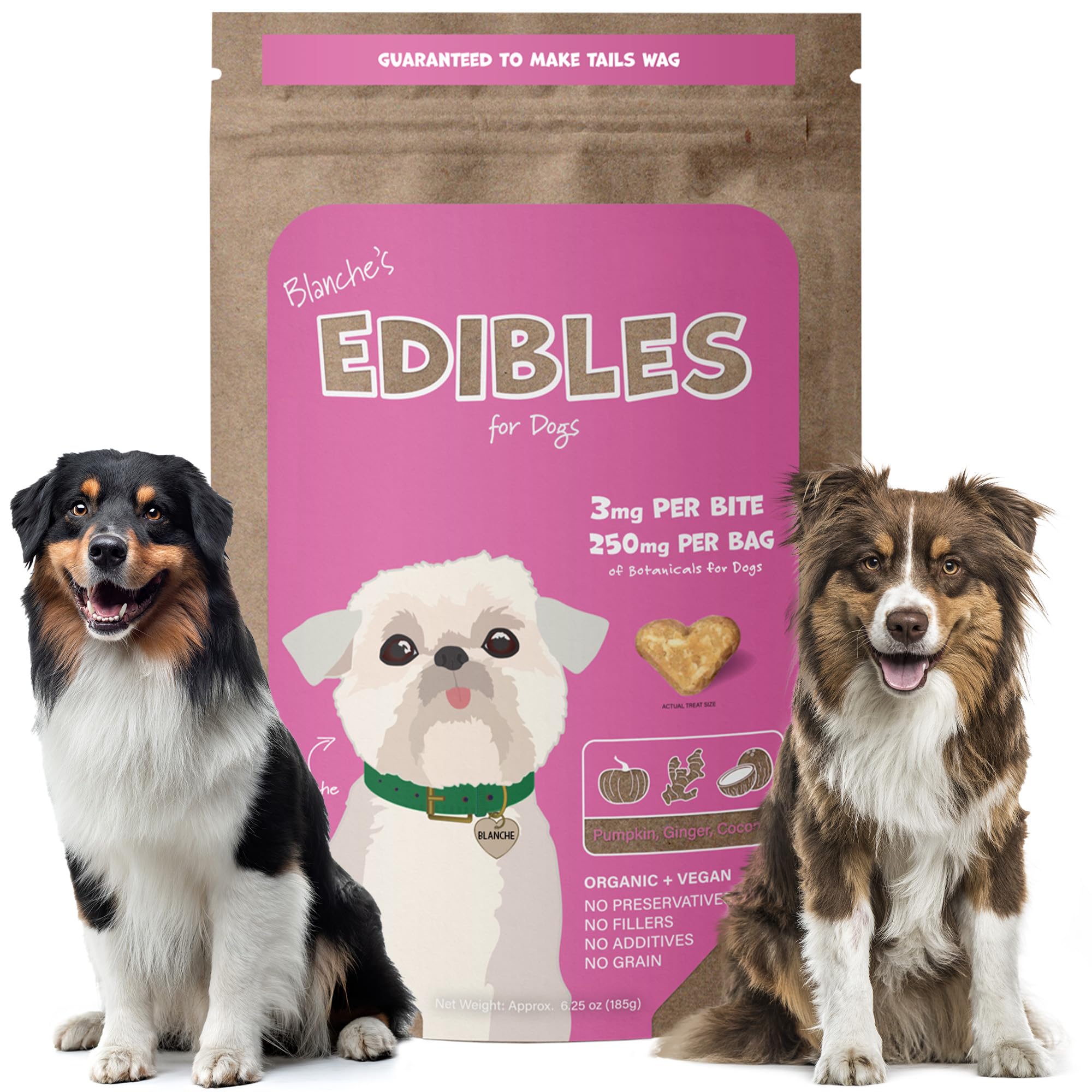 Hemp Dog Health Blanche treats bag closeup showing calming snack for anxious dogs.