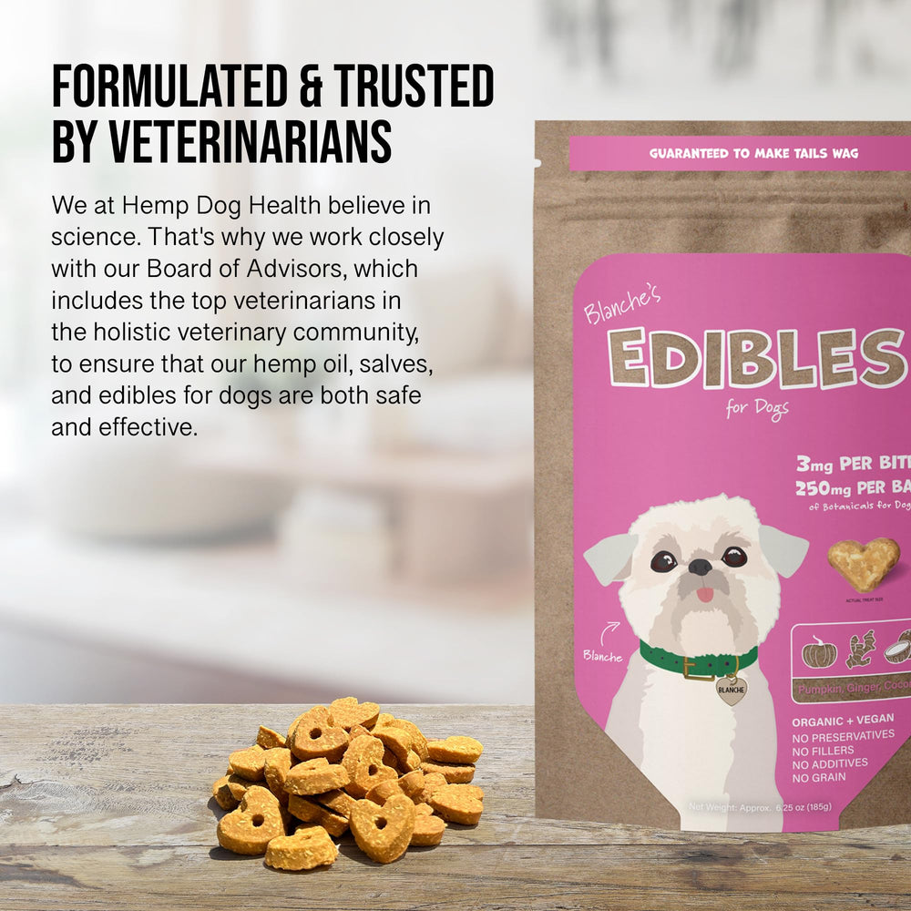 Hemp Dog Health Blanche treats coconut oil detail signals palatability and natural energy support.
