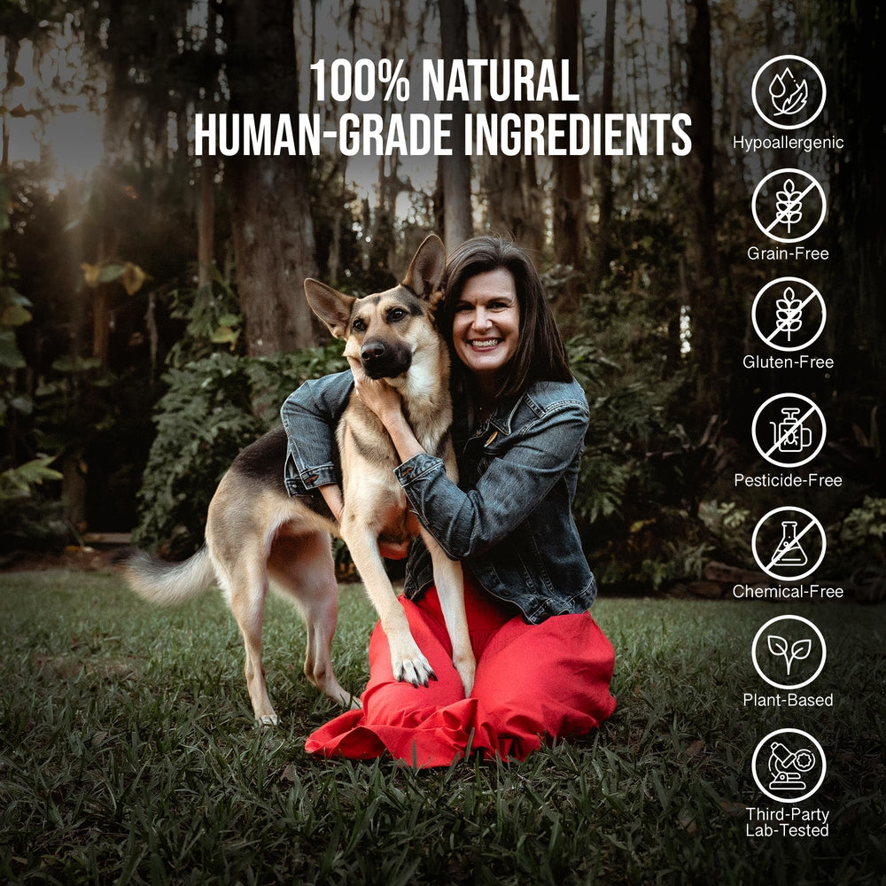 Hemp Dog Health Blanche treats packaging closeup emphasizes premium USA-grown hemp.