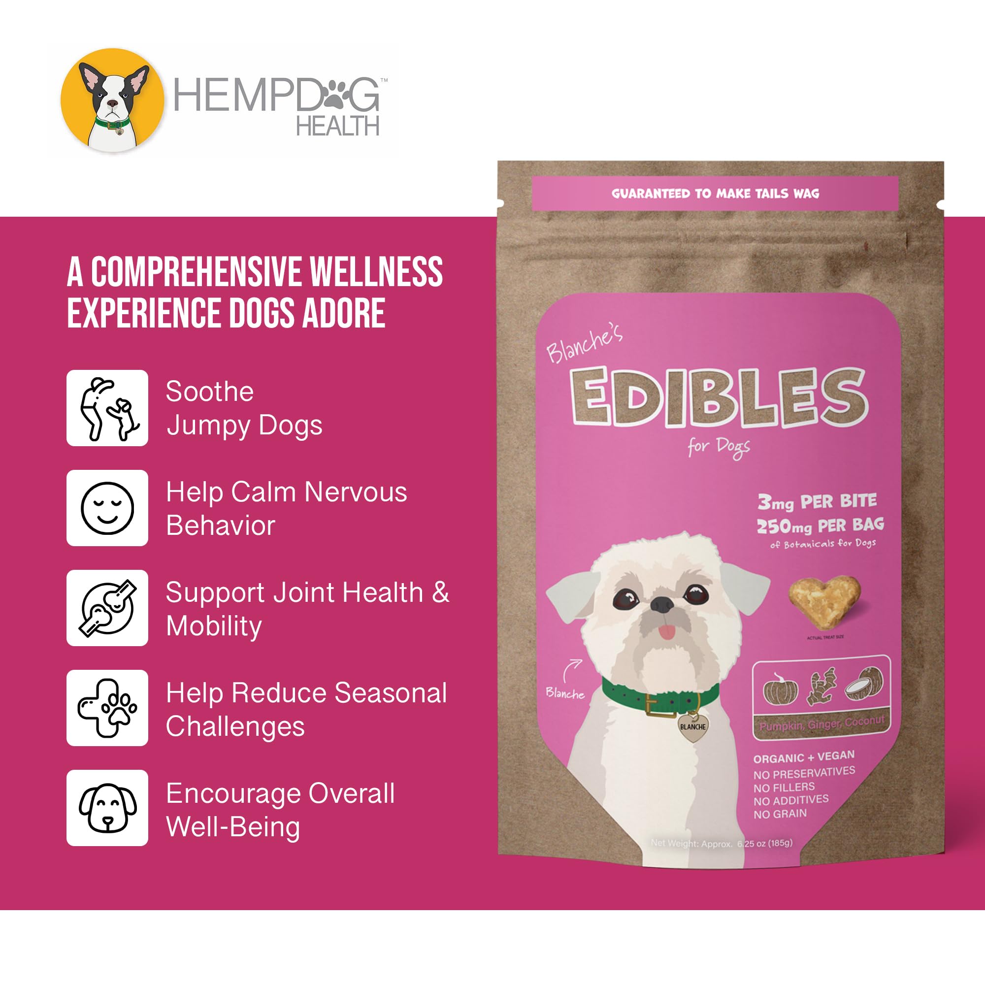 Hemp Dog Health Blanche treats serving scene suggests quick calming moments during stress.