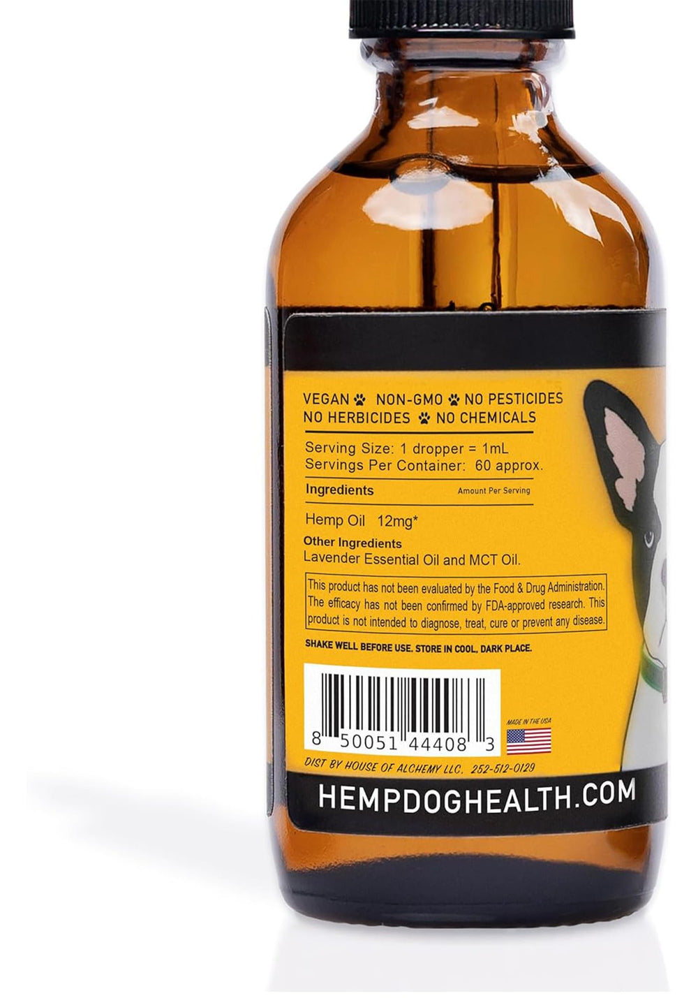 Hemp Dog Health Calm lavender drops label foreground illustrating calming blend.
