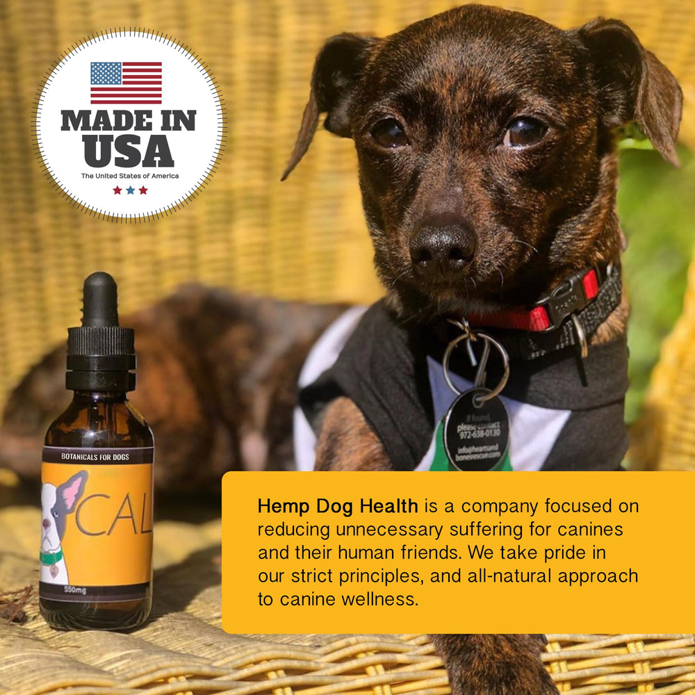 Hemp Dog Health Calm USA-made seal and third-party testing badge visible.