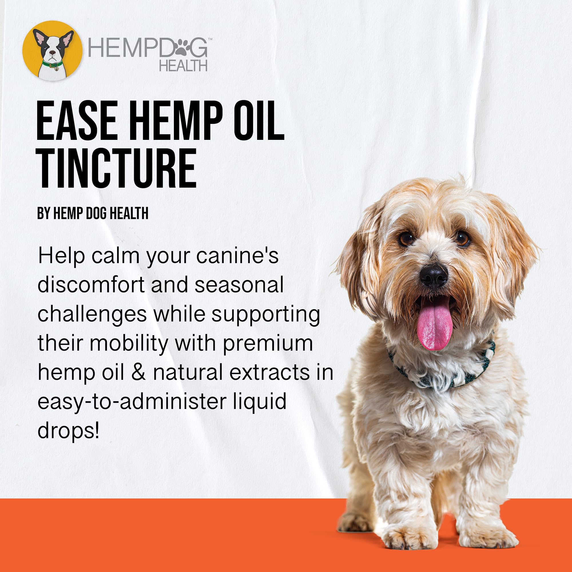 Hemp Dog Health Ease dropper ready for easy daily dosing.