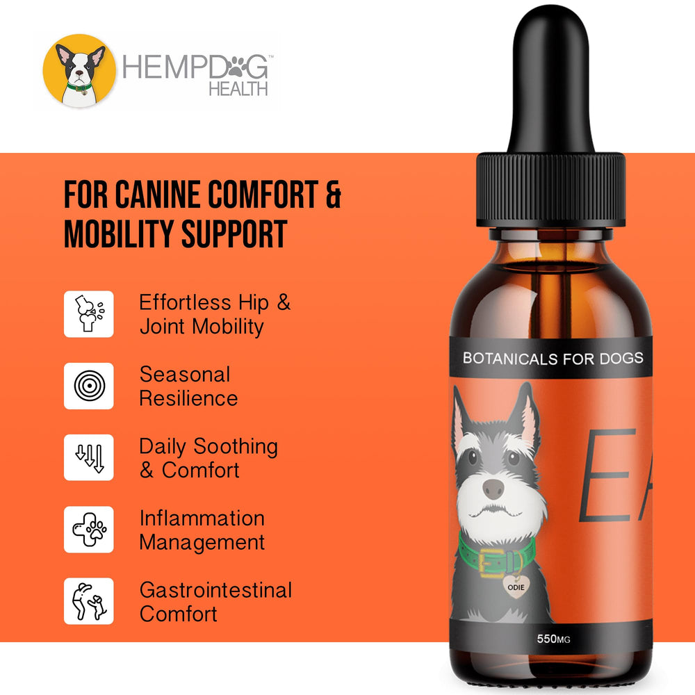 Hemp Dog Health Ease front label highlighting turmeric, frankincense, and MCT oil.