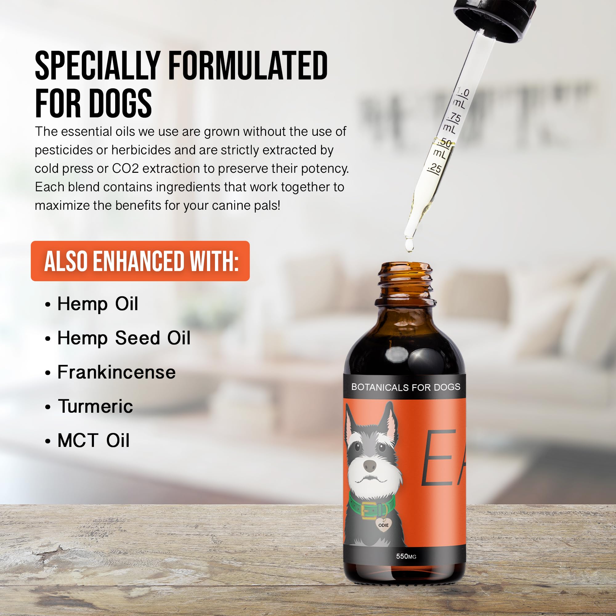Hemp Dog Health Ease drops applied to gums for discreet dosing.