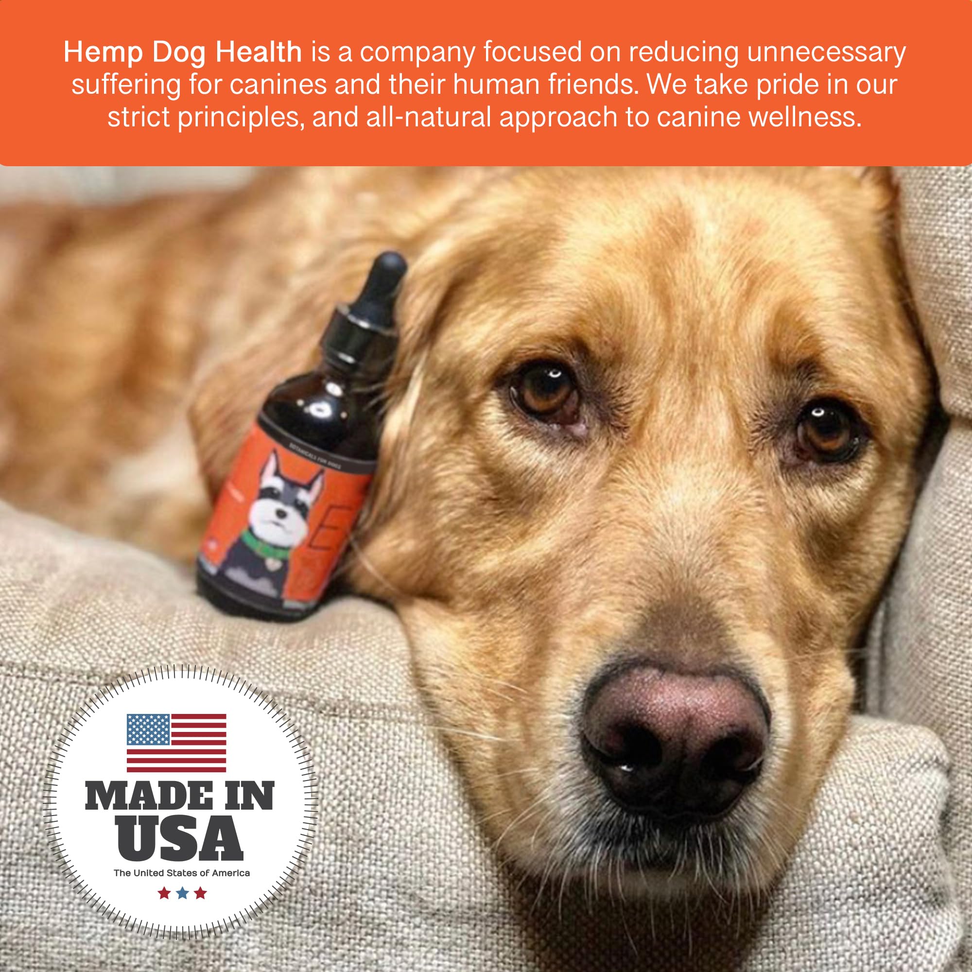 Hemp Dog Health Ease USA-made label close-up emphasizing quality.